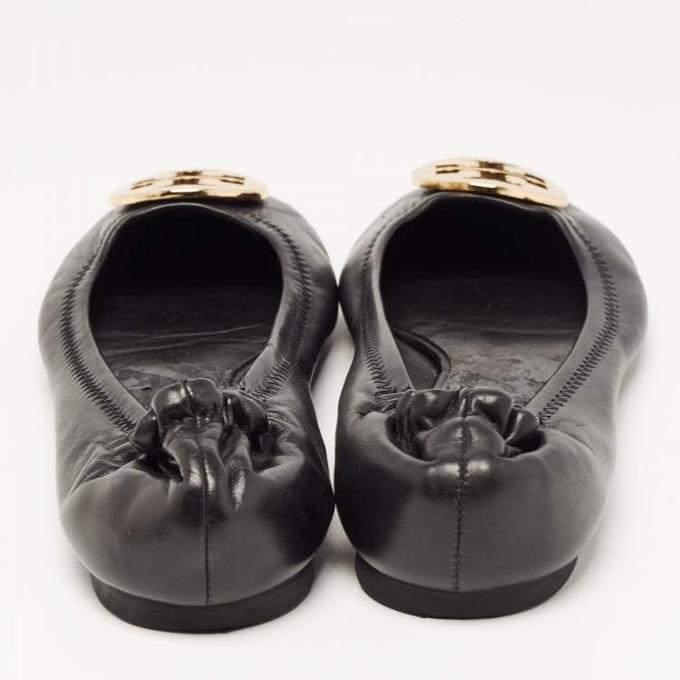 Pre Owned Tory Burch Black Leather Reva Pebbled Logo Ballet Flats Size 38.5