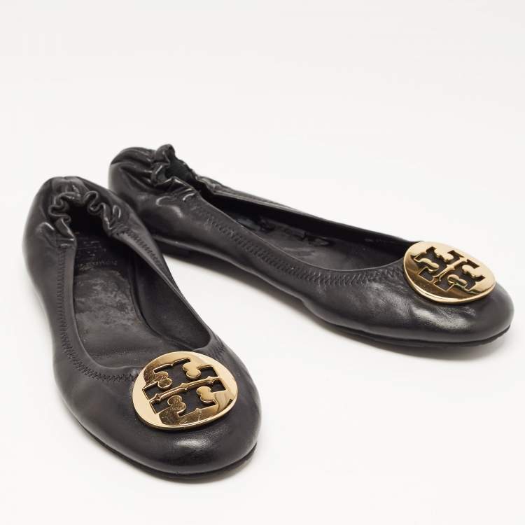 Pre Owned Tory Burch Black Leather Reva Pebbled Logo Ballet Flats Size 38.5