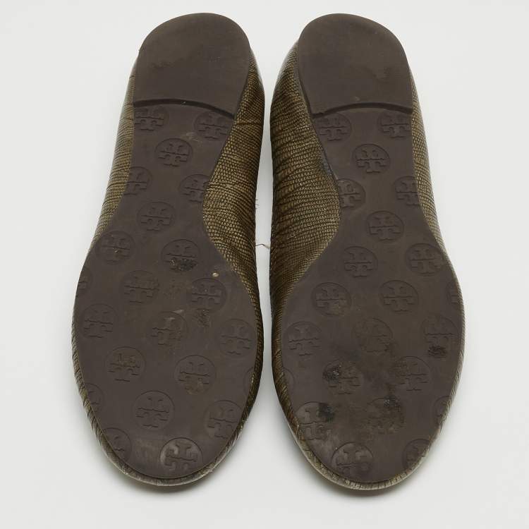 Pre Owned Tory Burch Olive Green Lizard Embossed Leather Minnie Ballet Flats Size 39.5 