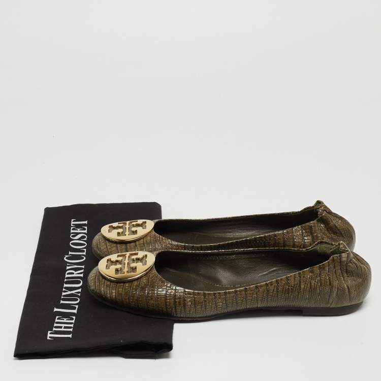 Pre Owned Tory Burch Olive Green Lizard Embossed Leather Minnie Ballet Flats Size 39.5 