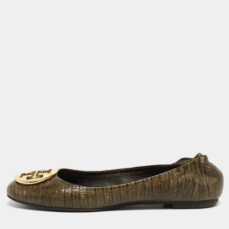 Pre Owned Tory Burch Olive Green Lizard Embossed Leather Minnie Ballet Flats Size 39.5 