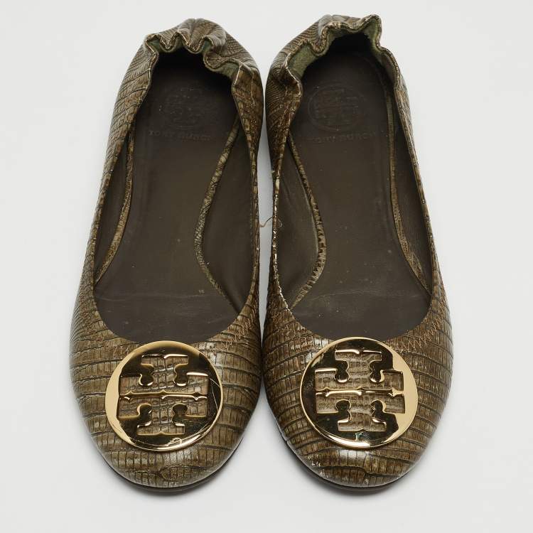 Pre Owned Tory Burch Olive Green Lizard Embossed Leather Minnie Ballet Flats Size 39.5 
