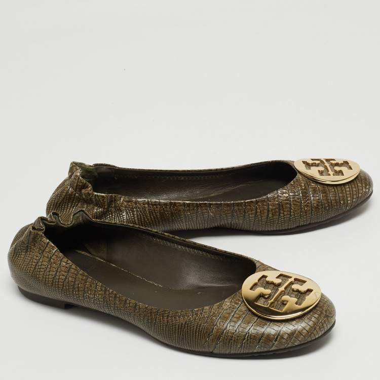 Pre Owned Tory Burch Olive Green Lizard Embossed Leather Minnie Ballet Flats Size 39.5 