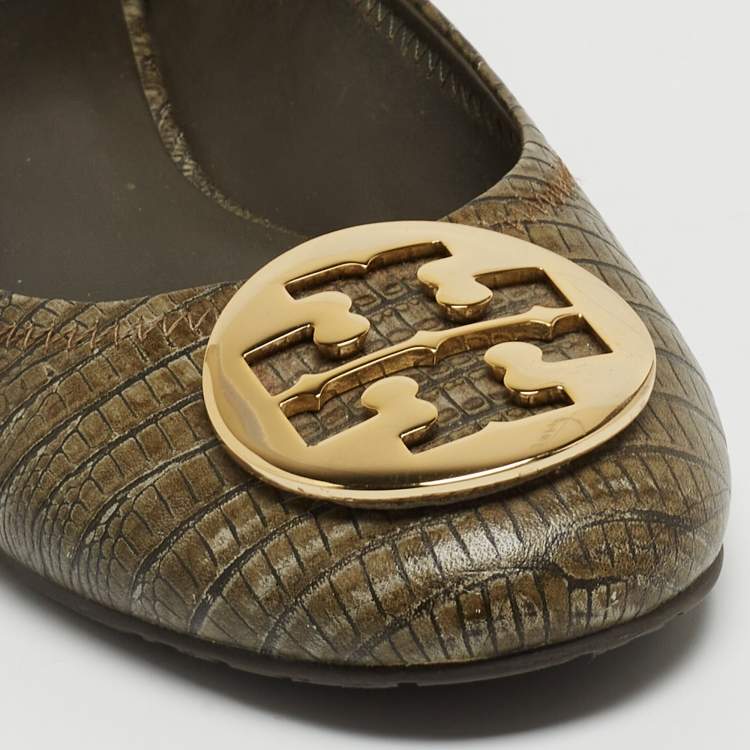 Pre Owned Tory Burch Olive Green Lizard Embossed Leather Minnie Ballet Flats Size 39.5 