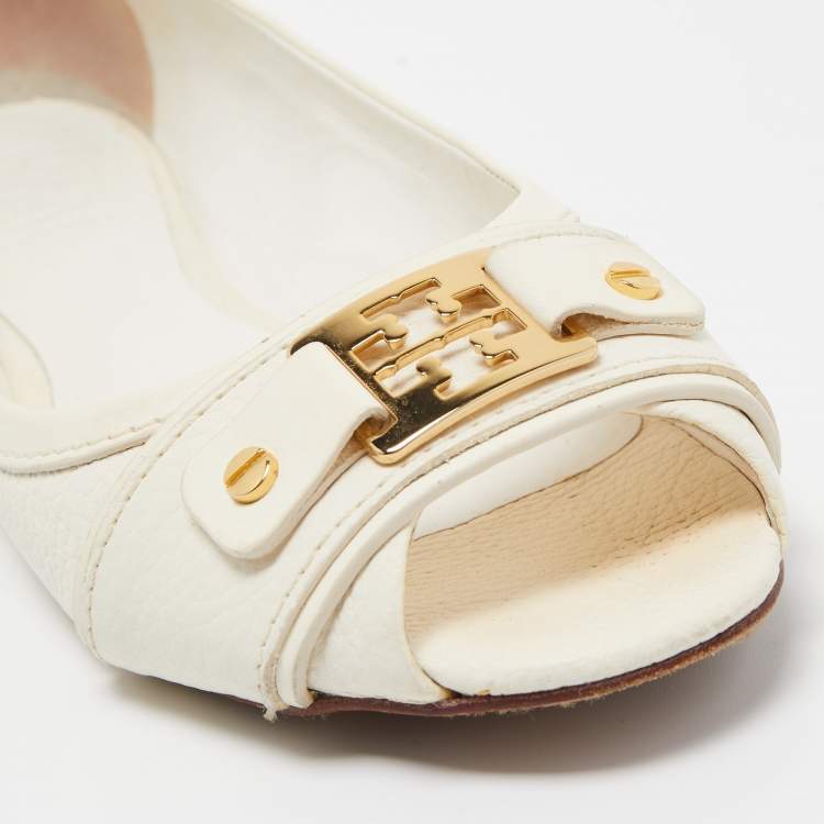 Pre Owned Tory Burch Off White Leather Cline Peep Toe Flats Size 38