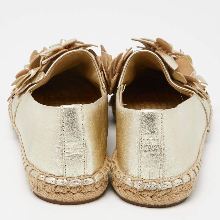 Pre Owned Tory Burch Gold Leather Blossom Espadrille Flats Size 36.5