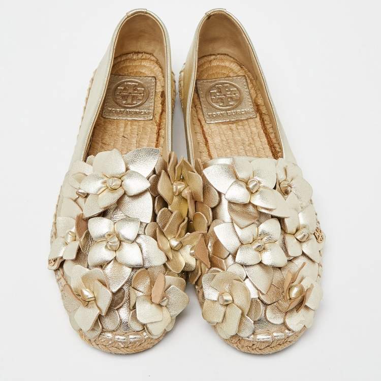 Pre Owned Tory Burch Gold Leather Blossom Espadrille Flats Size 36.5