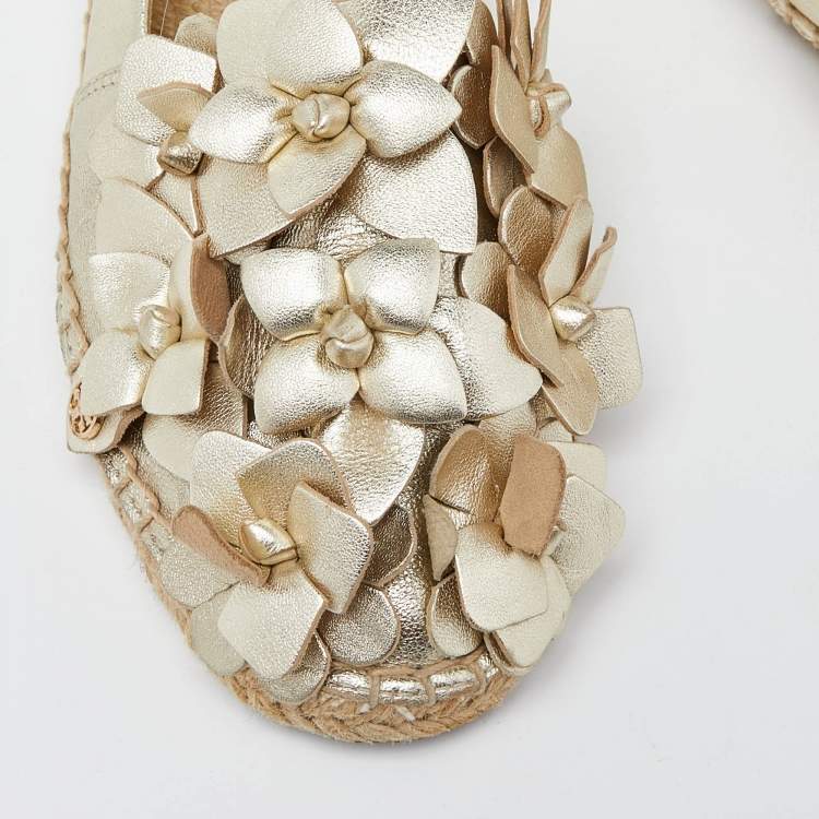 Pre Owned Tory Burch Gold Leather Blossom Espadrille Flats Size 36.5