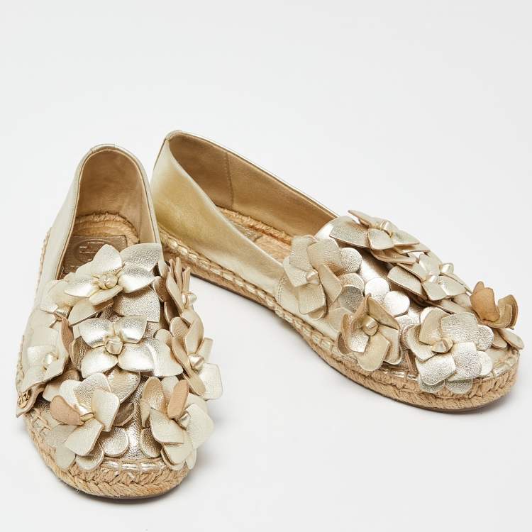 Pre Owned Tory Burch Gold Leather Blossom Espadrille Flats Size 36.5