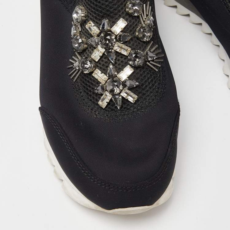 Pre Owned Tory Burch Black Neoprene Rosas Embellished Runner Sneakers Size 36