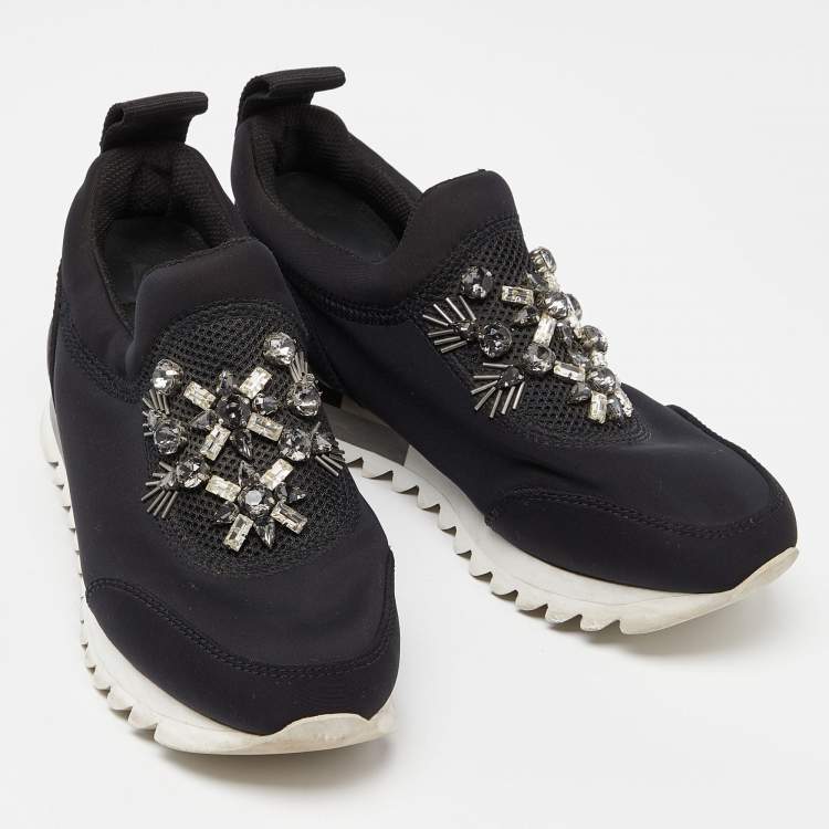 Pre Owned Tory Burch Black Neoprene Rosas Embellished Runner Sneakers Size 36