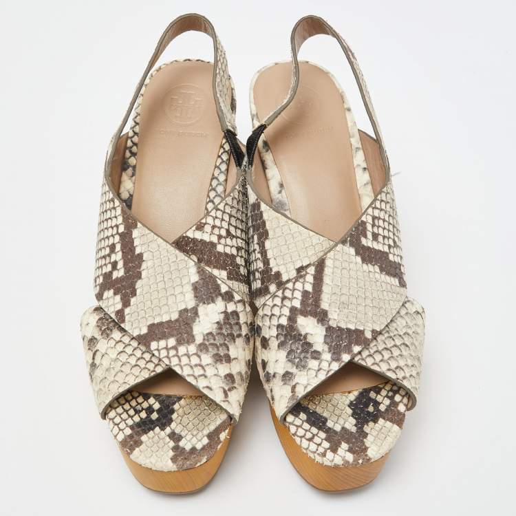 Pre Owned Tory Burch Beige Python Embossed Cork Wedge Strappy Platform Sandals Size 38.5
