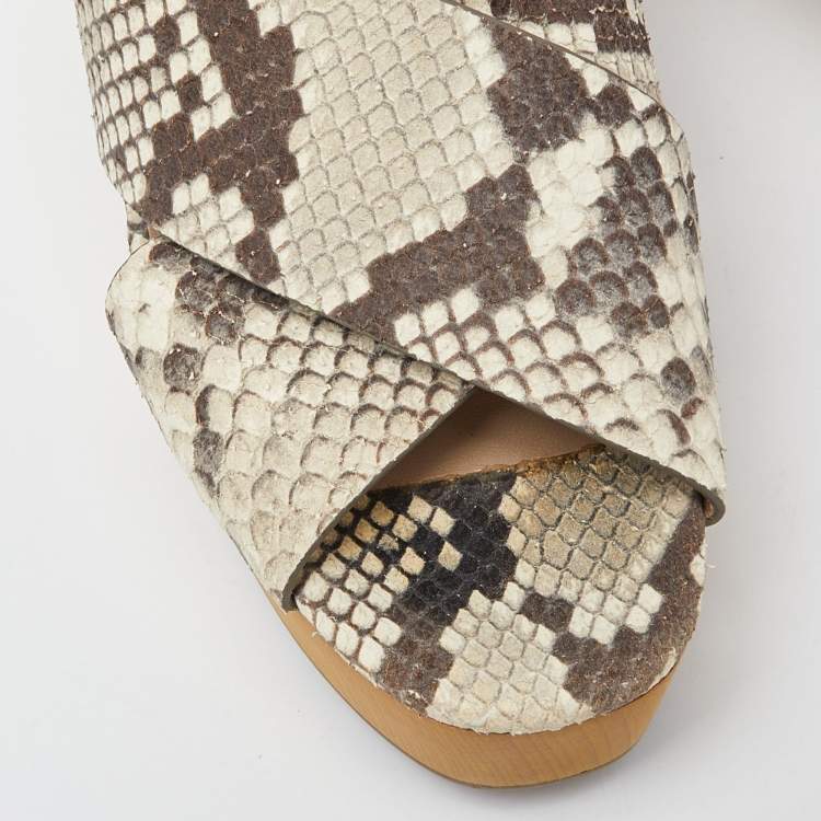 Pre Owned Tory Burch Beige Python Embossed Cork Wedge Strappy Platform Sandals Size 38.5