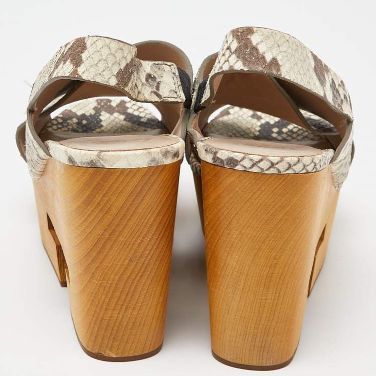 Pre Owned Tory Burch Beige Python Embossed Cork Wedge Strappy Platform Sandals Size 38.5