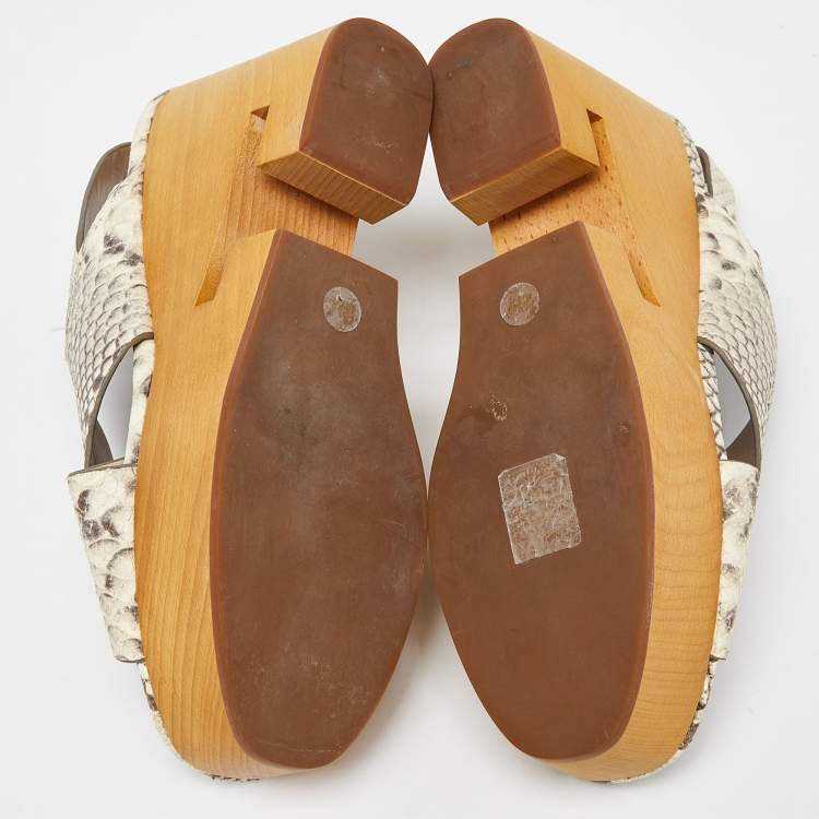 Pre Owned Tory Burch Beige Python Embossed Cork Wedge Strappy Platform Sandals Size 38.5
