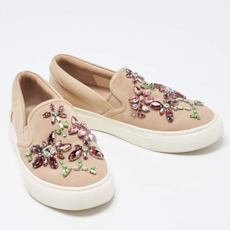 Pre Owned Tory Burch Beige Leather and Suede Crystal Embellished Slip On Sneakers Size 36.5
