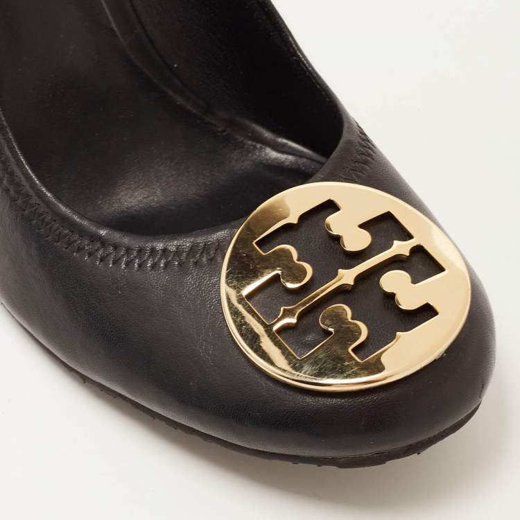 Pre Owned Tory Burch Black Leather Chelsea Wedge Pumps Size 40.5