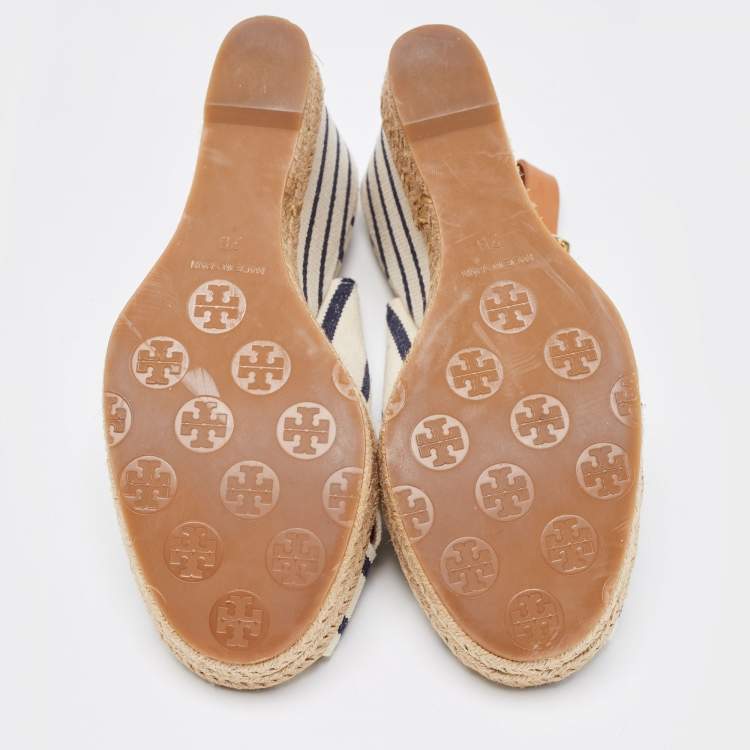 Pre Owned Tory Burch Navy Blue/White Striped Canvas Espadrille Wedge Sandals Size 39