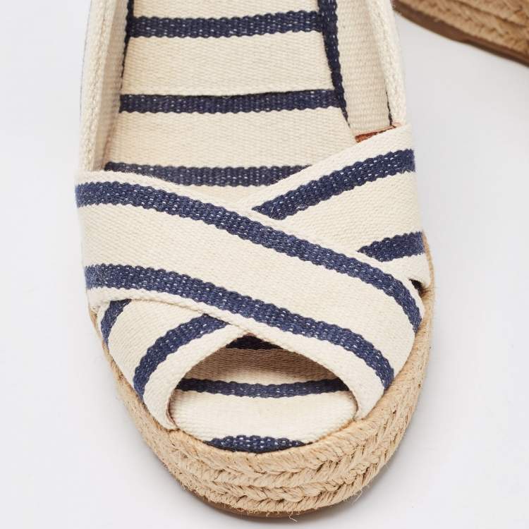 Pre Owned Tory Burch Navy Blue/White Striped Canvas Espadrille Wedge Sandals Size 39
