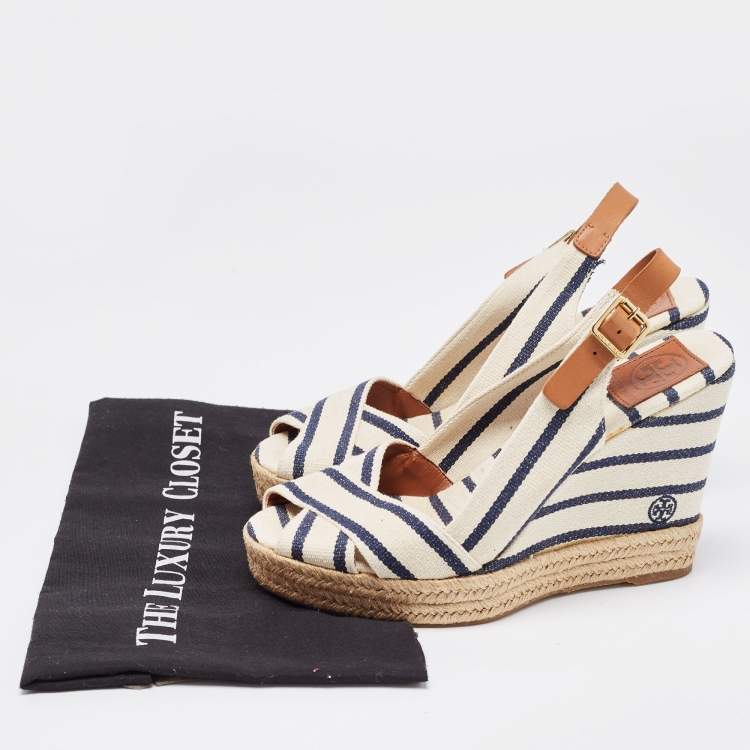 Pre Owned Tory Burch Navy Blue/White Striped Canvas Espadrille Wedge Sandals Size 39