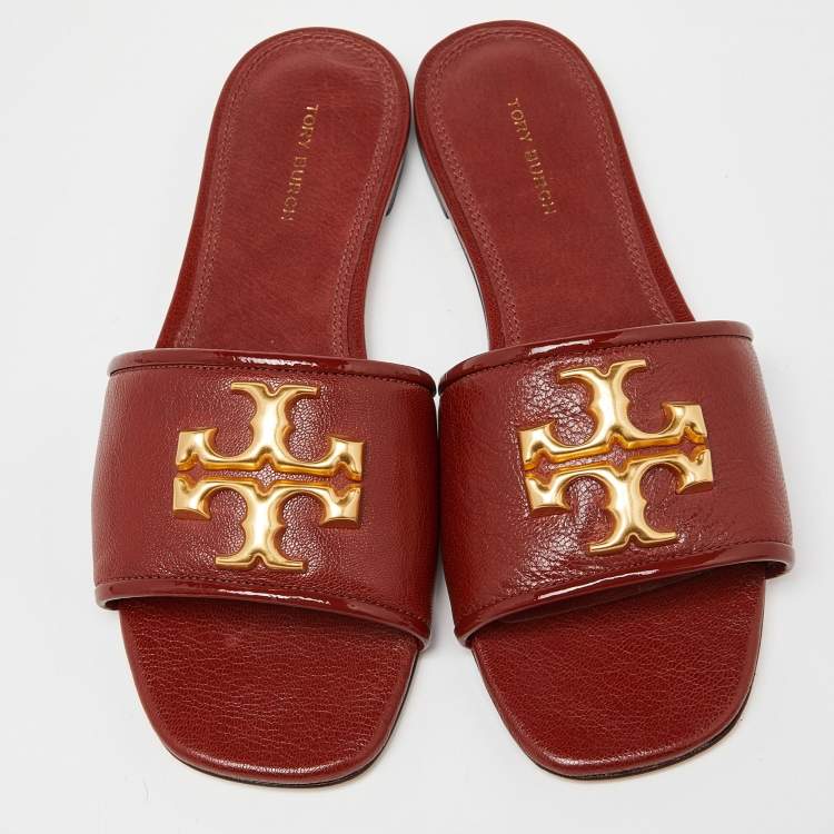 Pre Owned Tory Burch Brown Leather Eleanor Flat Slides Size 36.5