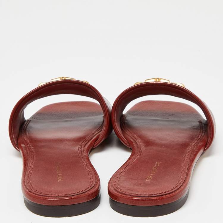 Pre Owned Tory Burch Brown Leather Eleanor Flat Slides Size 36.5