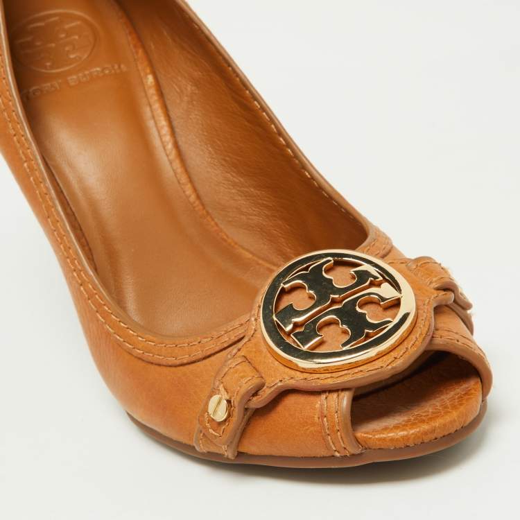 Pre Owned Tory Burch Brown Leather Leticia Peep Toe Wedge Pumps Size 38.5