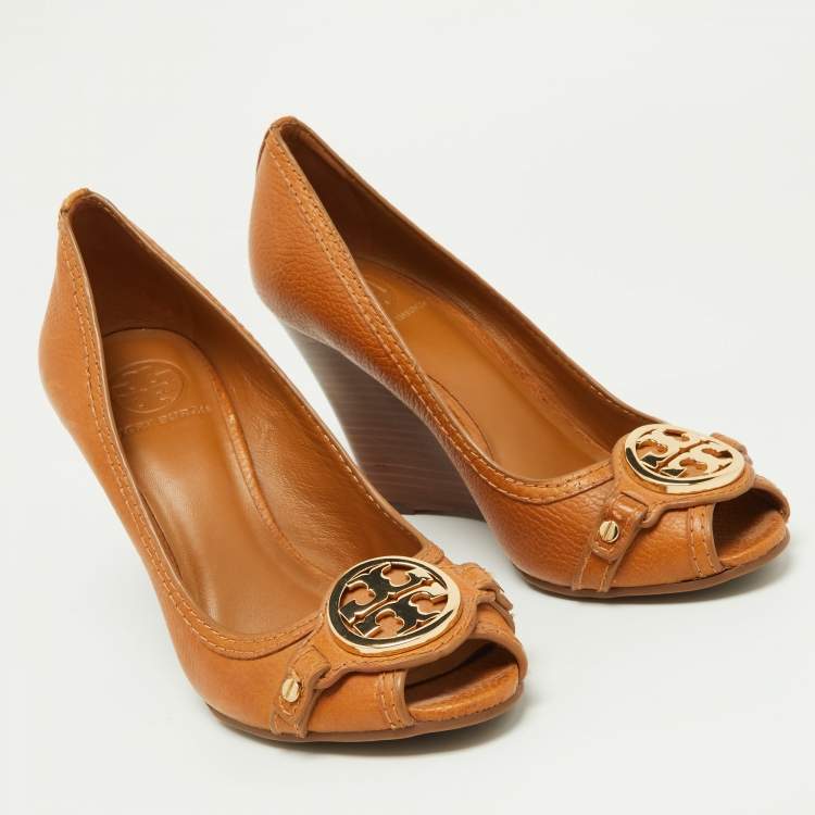 Pre Owned Tory Burch Brown Leather Leticia Peep Toe Wedge Pumps Size 38.5