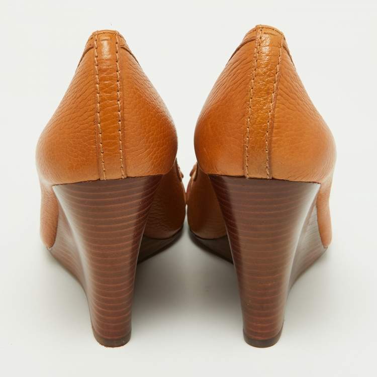 Pre Owned Tory Burch Brown Leather Leticia Peep Toe Wedge Pumps Size 38.5