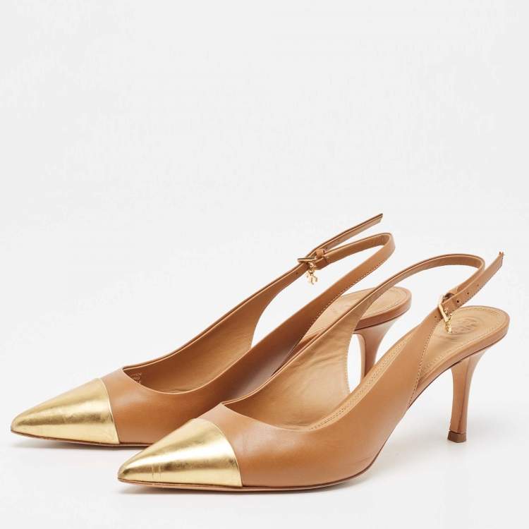Pre Owned Tory Burch Brown/Gold Leather Penelope Slingback Pumps Size 38