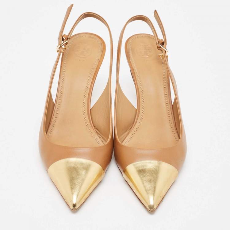 Pre Owned Tory Burch Brown/Gold Leather Penelope Slingback Pumps Size 38