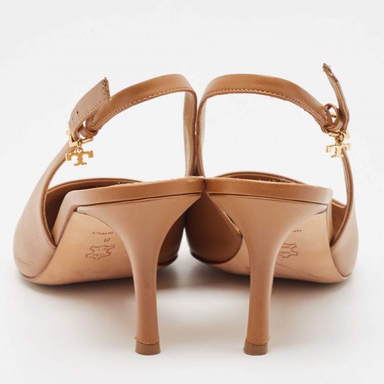 Pre Owned Tory Burch Brown/Gold Leather Penelope Slingback Pumps Size 38