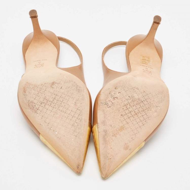 Pre Owned Tory Burch Brown/Gold Leather Penelope Slingback Pumps Size 38