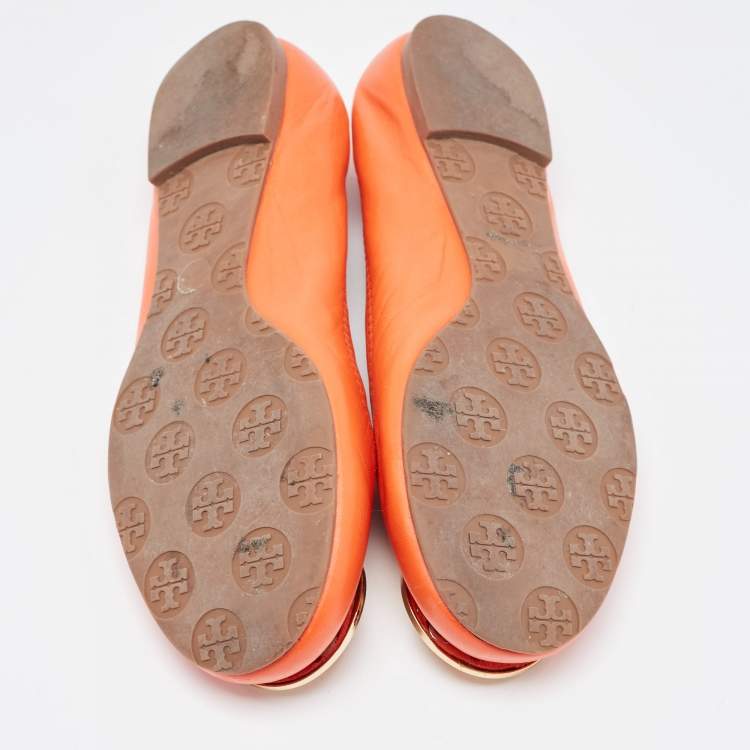 Pre Owned Tory Burch Orange Leather Minnie Scrunch Ballet Flats Size 36.5 