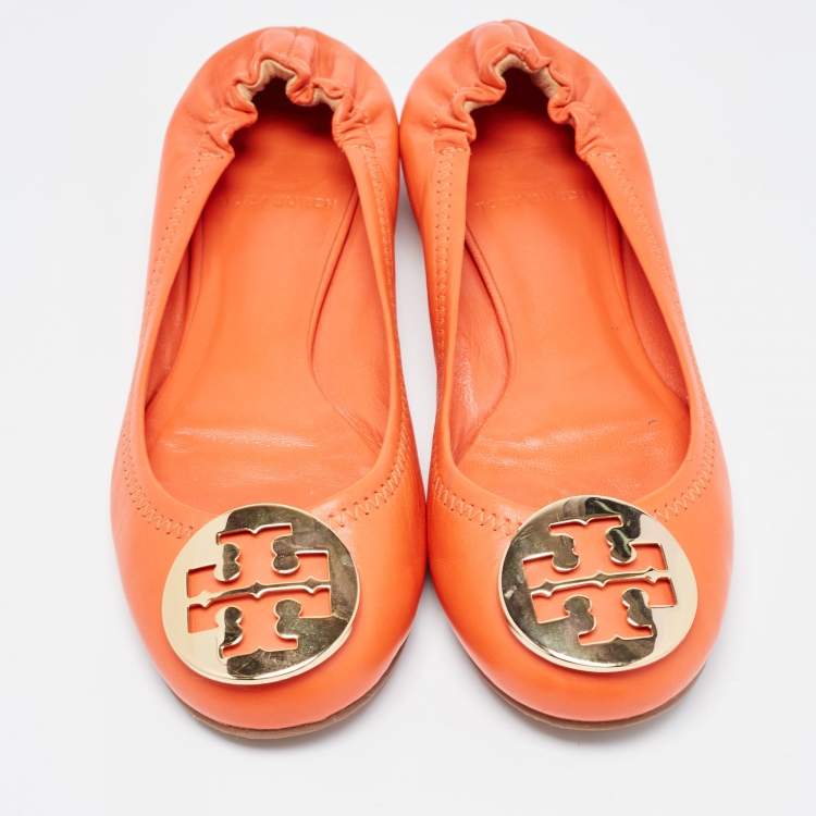 Pre Owned Tory Burch Orange Leather Minnie Scrunch Ballet Flats Size 36.5 