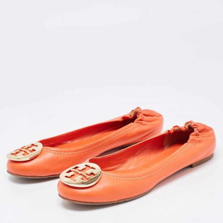 Pre Owned Tory Burch Orange Leather Minnie Scrunch Ballet Flats Size 36.5 