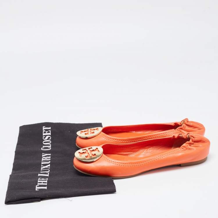 Pre Owned Tory Burch Orange Leather Minnie Scrunch Ballet Flats Size 36.5 
