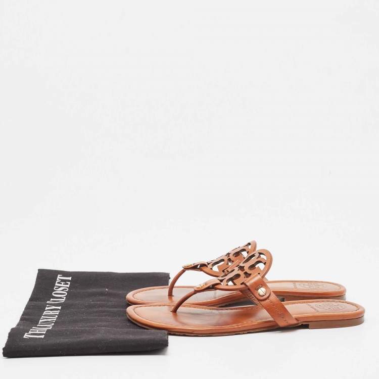 Pre Owned Tory Burch Brown Leather Thong Flat Slides Size 36.5