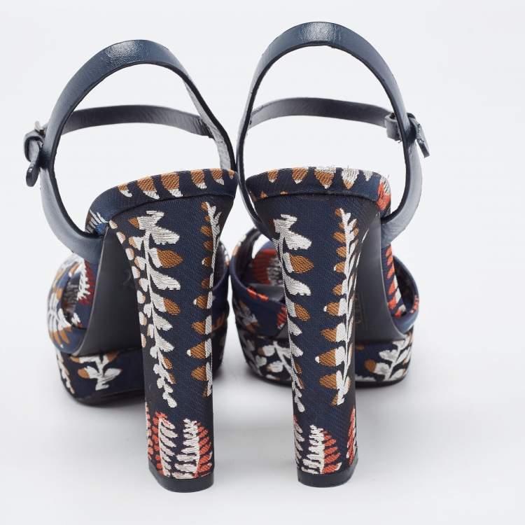 Pre Owned Tory Burch Navy Blue Leather and Brocade Fabric Platform Ankle Strap Sandals Size 36.5 