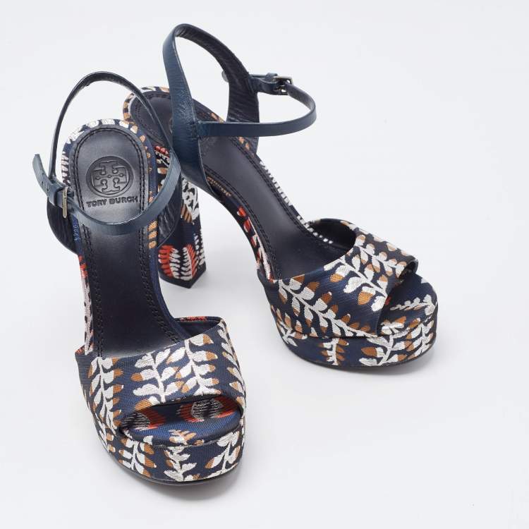 Pre Owned Tory Burch Navy Blue Leather and Brocade Fabric Platform Ankle Strap Sandals Size 36.5 