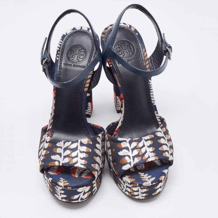 Pre Owned Tory Burch Navy Blue Leather and Brocade Fabric Platform Ankle Strap Sandals Size 36.5 