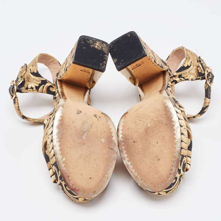 Pre Owned Tory Burch Gold/Black Brocade Fabric Loretta Sandals Size 36