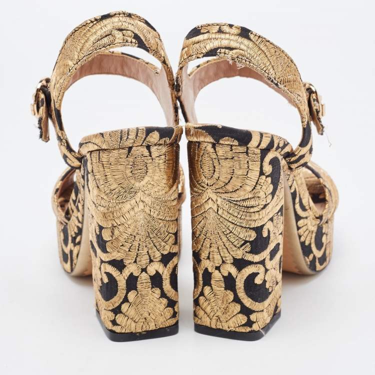 Pre Owned Tory Burch Gold/Black Brocade Fabric Loretta Sandals Size 36