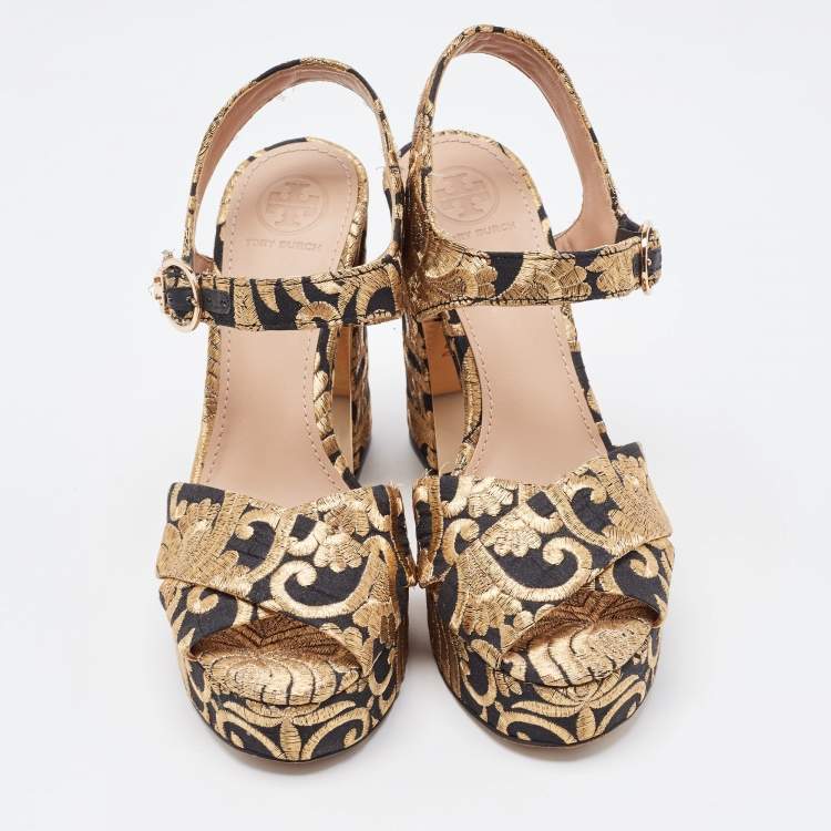 Pre Owned Tory Burch Gold/Black Brocade Fabric Loretta Sandals Size 36