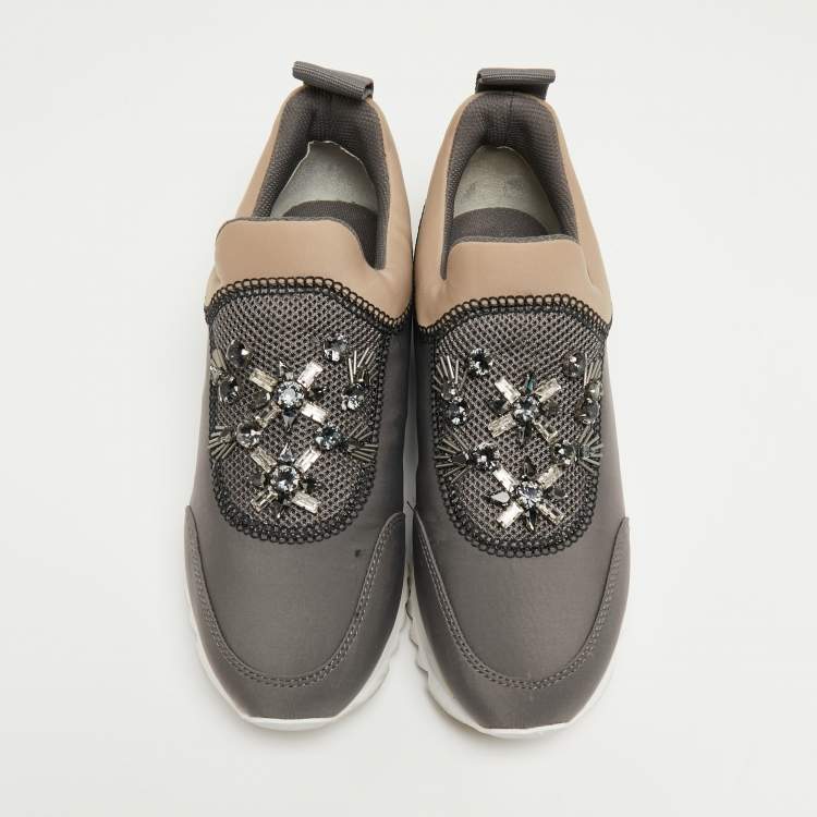 Pre Owned Tory Burch Grey/Beige Neoprene And Mesh Storm Cloud Crystal Embellished  Slip On Sneakers Size 38
