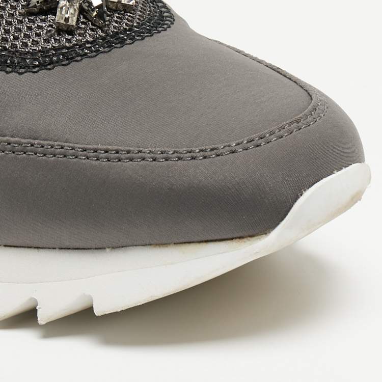 Pre Owned Tory Burch Grey/Beige Neoprene And Mesh Storm Cloud Crystal Embellished  Slip On Sneakers Size 38