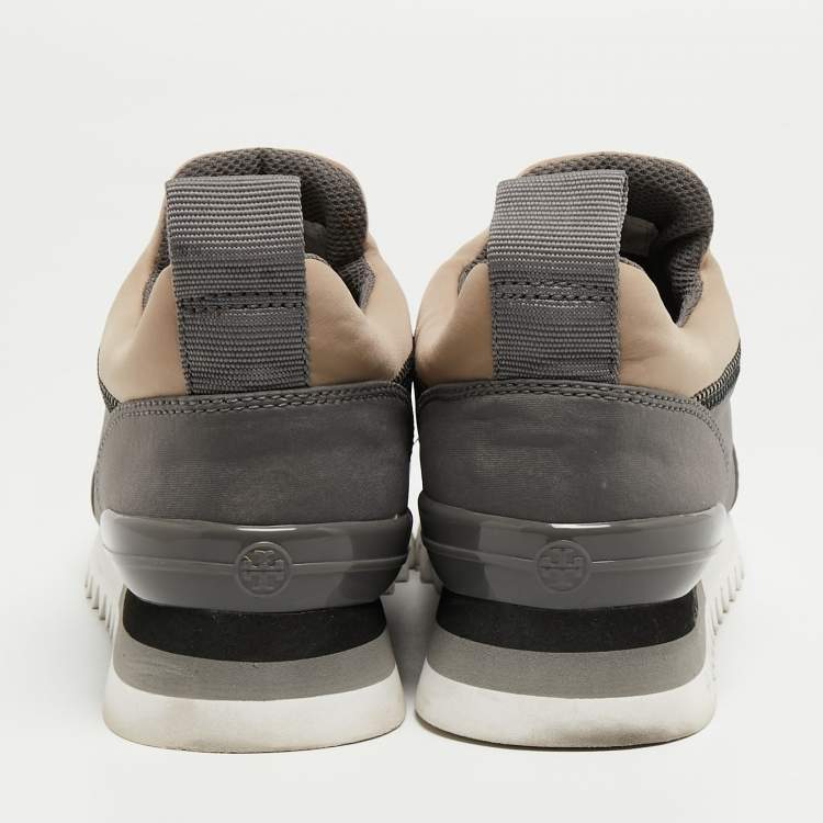 Pre Owned Tory Burch Grey/Beige Neoprene And Mesh Storm Cloud Crystal Embellished  Slip On Sneakers Size 38