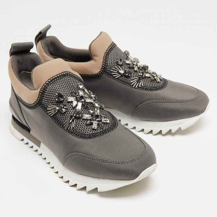 Pre Owned Tory Burch Grey/Beige Neoprene And Mesh Storm Cloud Crystal Embellished  Slip On Sneakers Size 38