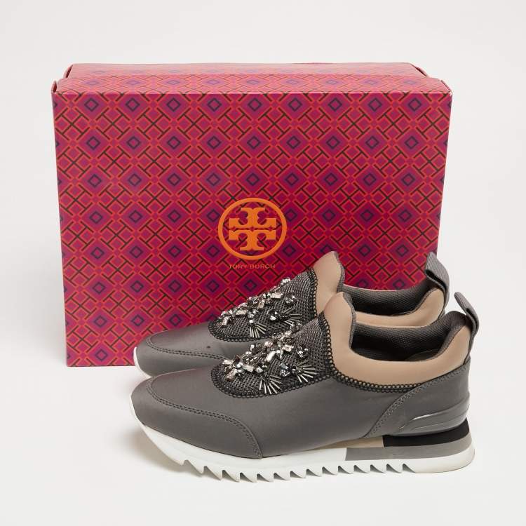 Pre Owned Tory Burch Grey/Beige Neoprene And Mesh Storm Cloud Crystal Embellished  Slip On Sneakers Size 38