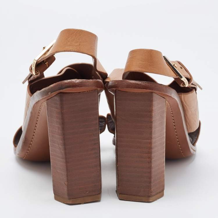 Pre Owned Tory Burch Brown Leather Slingback Sandals Size 38